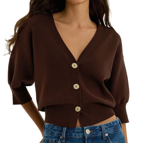 Blusa Hering Ampla Manga 3/4 Tricô Leve K6V4 Marrom