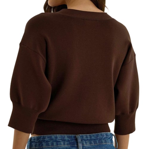 Detalhe - Blusa Hering Ampla Manga 3/4 Tricô Leve K6V4 Marrom