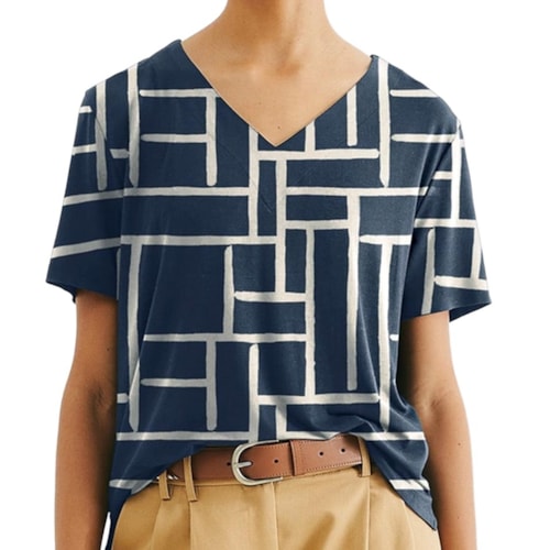 Blusa Hering Em Viscose Meia Manga 4H7Q Azul Marinho/Aveia