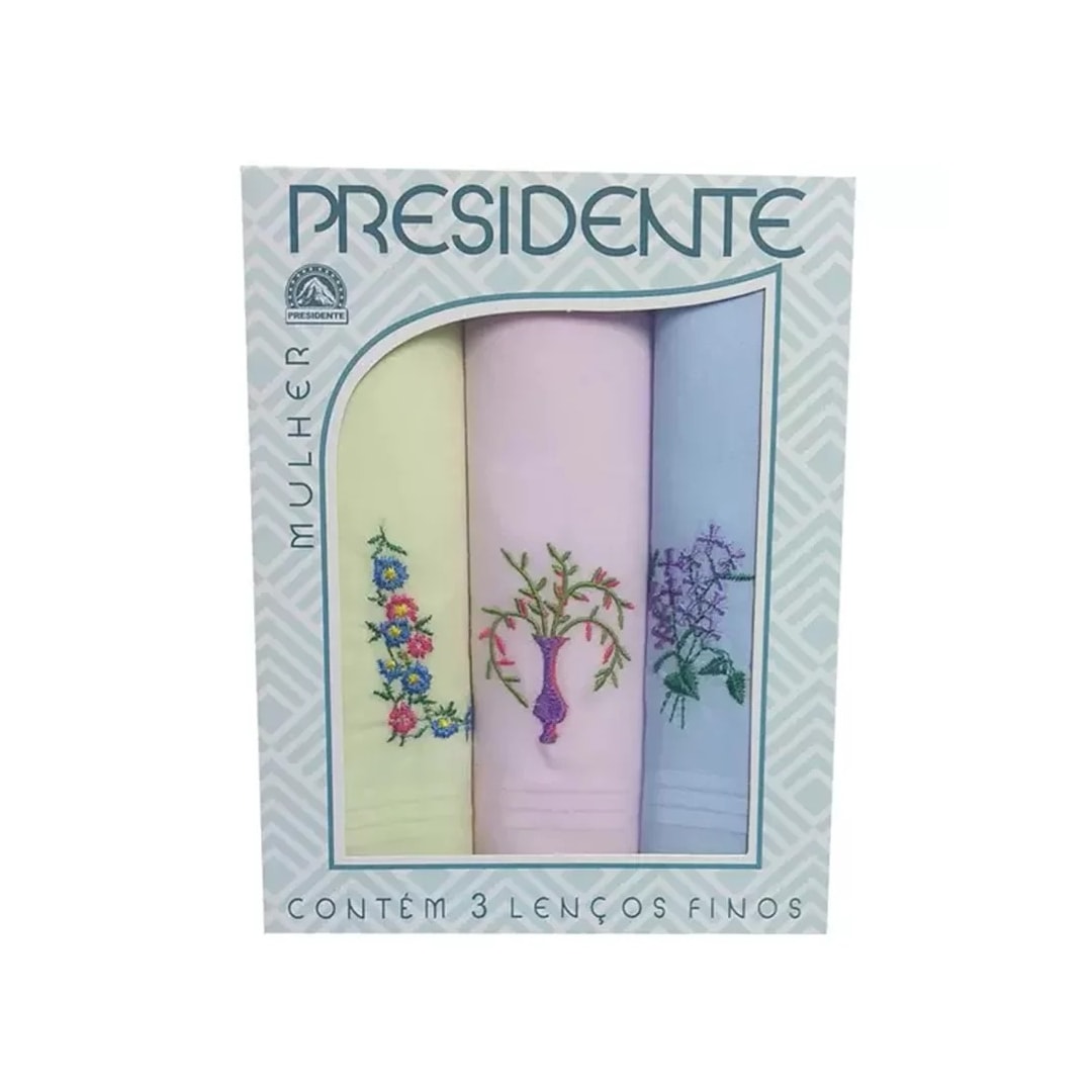 Caixa 3 Lenços Presidente Bordado Feminino 100% Algodão