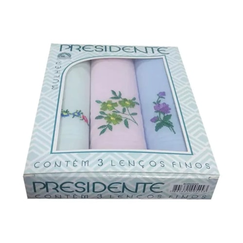 Detalhe - Caixa 3 Lenços Presidente Bordado Feminino 100% Algodão
