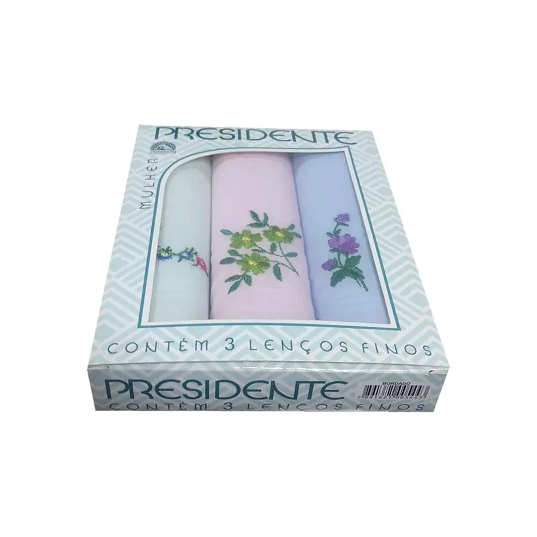Caixa 3 Lenços Presidente Bordado Feminino 100% Algodão