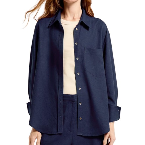 Camisa Hering Feminina Manga Longa Oversized K6BV Azul Marinho