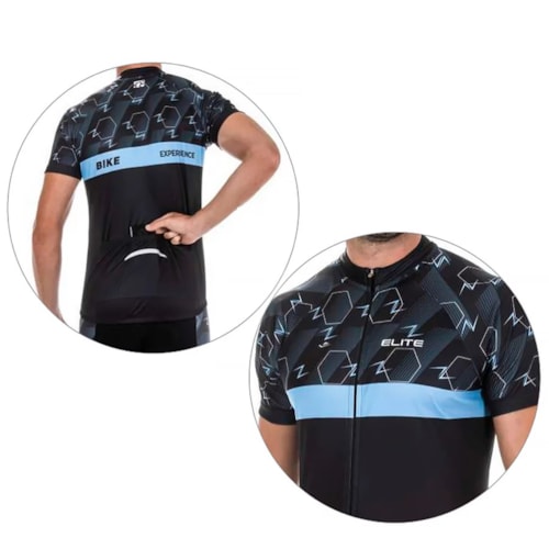 Detalhe - Camiseta Elite Meia Manga Masculina Bicicleta Preto/Celeste