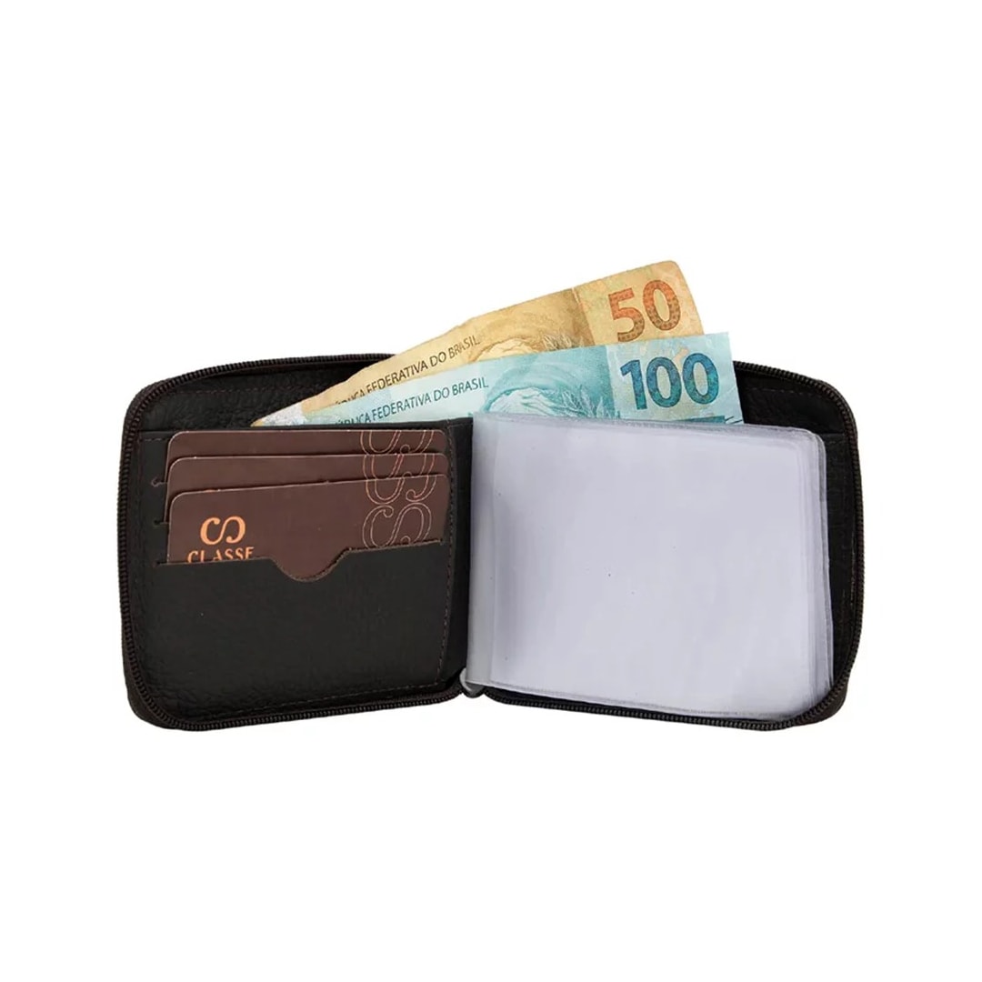 Carteira Classe Com Ziper De Couro M231 Preto/Preto