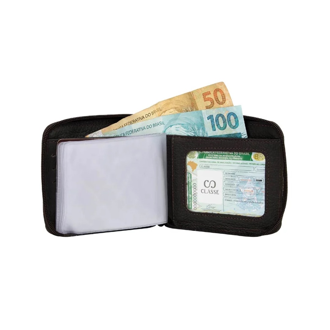 Carteira Classe Com Ziper De Couro M231 Preto/Preto