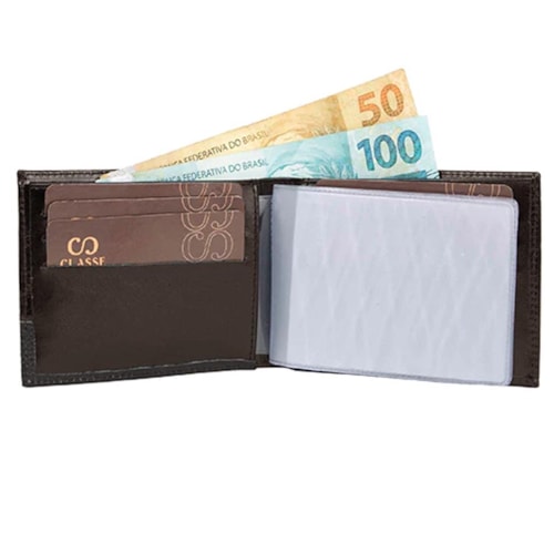 Detalhe - Carteira Classe Masculina Social De Couro M104-1 Brown/Cafe