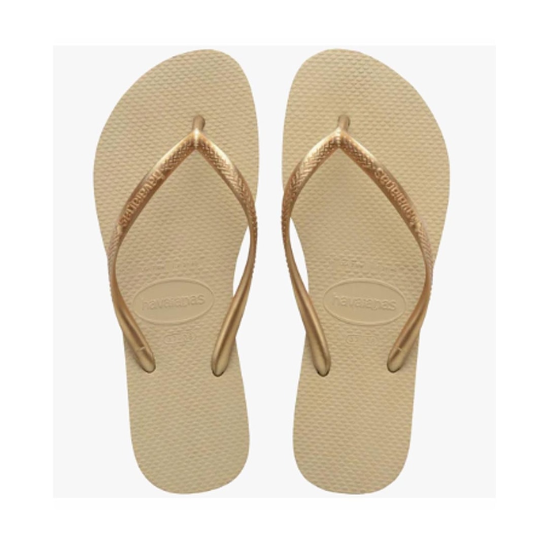 Chinelo Havaianas De Dedo Slim Lisa Areia/Dourado Claro