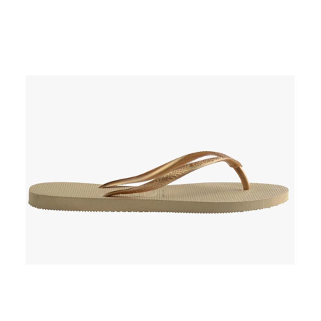 Chinelo Havaianas De Dedo Slim Lisa Areia/Dourado Claro