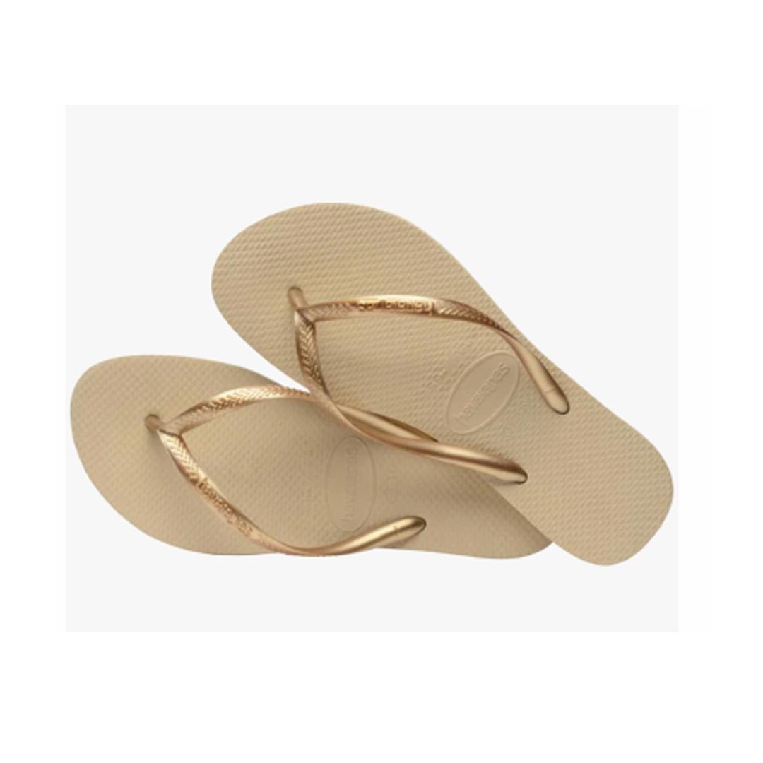 Chinelo Havaianas De Dedo Slim Lisa Areia/Dourado Claro