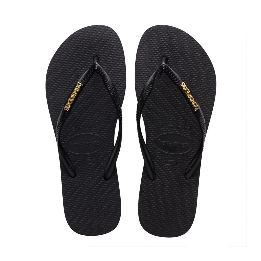 Chinelo Havaianas Feminino Slim Logo Metallic Preto/Dourado