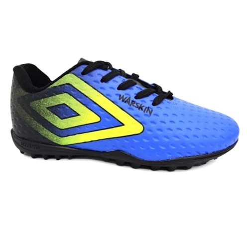 Detalhe - Chuteira Umbro Society Soccer Shoes Warskin Jr Azul/Limao/Preto