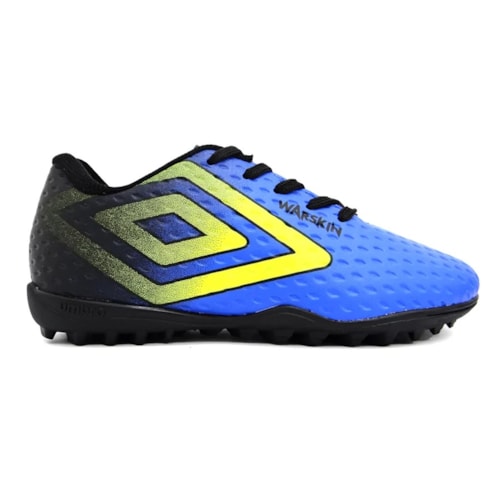 Detalhe - Chuteira Umbro Society Soccer Shoes Warskin Jr Azul/Limao/Preto
