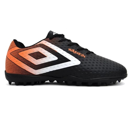 Detalhe - Chuteira Umbro Society Soccer Shoes Warskin Preto/Laranja/Branco