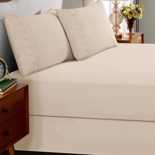 Detalhe - Jogo Bouton Lençol Casal 3 Peças Sonata Milka Perola