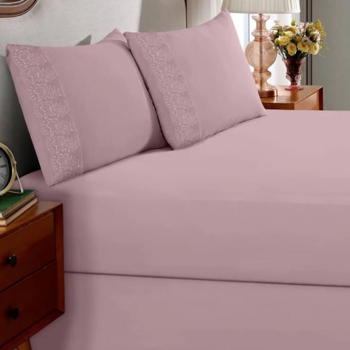 Detalhe - Jogo Bouton Lençol King 3 Peças Sonata Milka Rosa