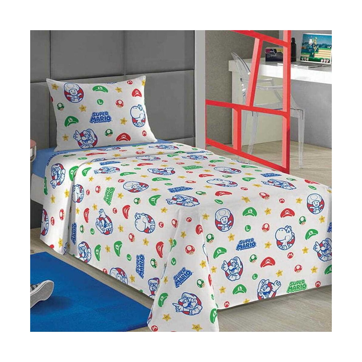 Jogo De Cama Lepper Solteiro Super Mario 3Peças 059871  Branco Super Mario