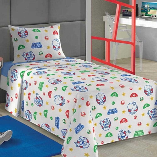 Detalhe - Jogo De Cama Lepper Solteiro Super Mario 3Peças 059871  Branco Super Mario