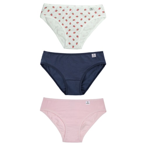 Kit 3 Calcinha Delrio Infantil 51309-Branco/Morango Kit 3 Calcinha Delrio Infantil 51309-Branco/Morango