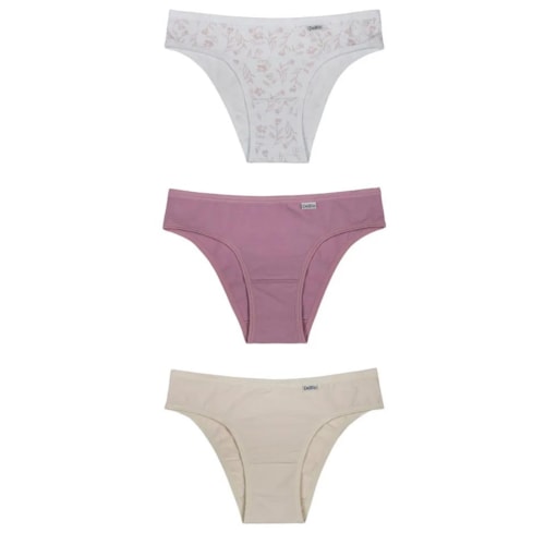 Kit Delrio 3 Calcinhas Em Cotton V51364 Branco/Rose/Creme