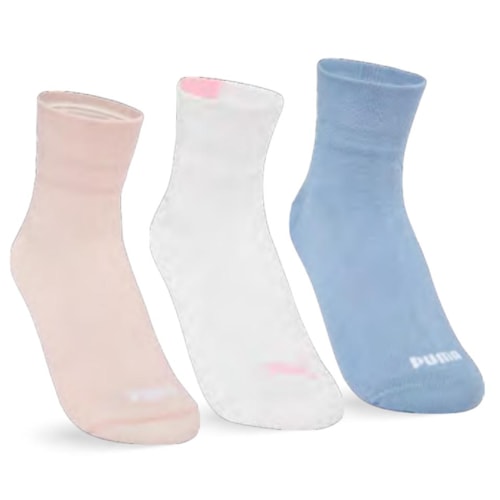 Kit Puma 3 Meias Cano Médio 4730 Rosa/Branco/Azul