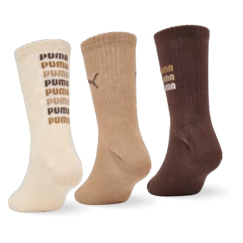 Detalhe - Kit Puma 3 Meias Infantil Cano Longo 2720 Palha/Bege/Marrom