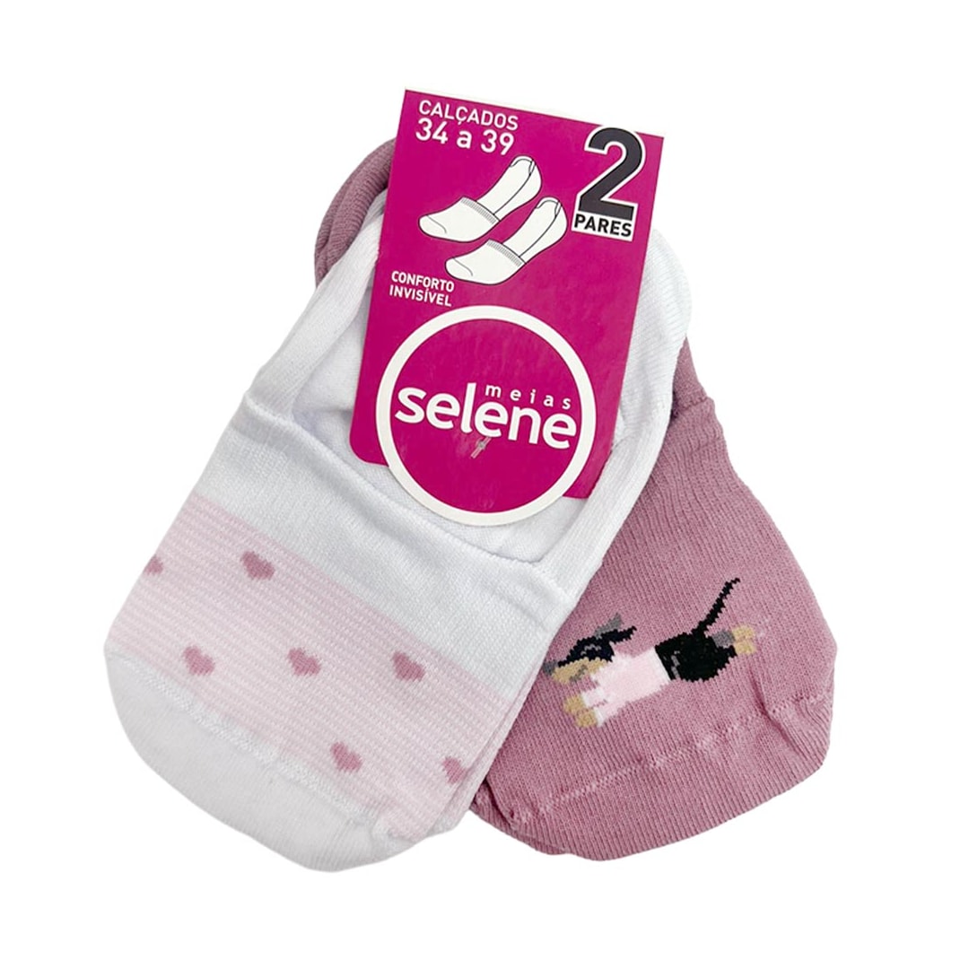 Kit Selene 2 Meias Sapatilha 7380 Branco/Coração/RosaEscuro