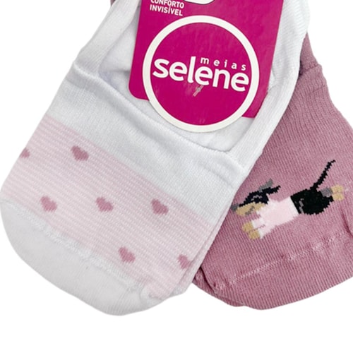 Detalhe - Kit Selene 2 Meias Sapatilha 7380 Branco/Coração/RosaEscuro
