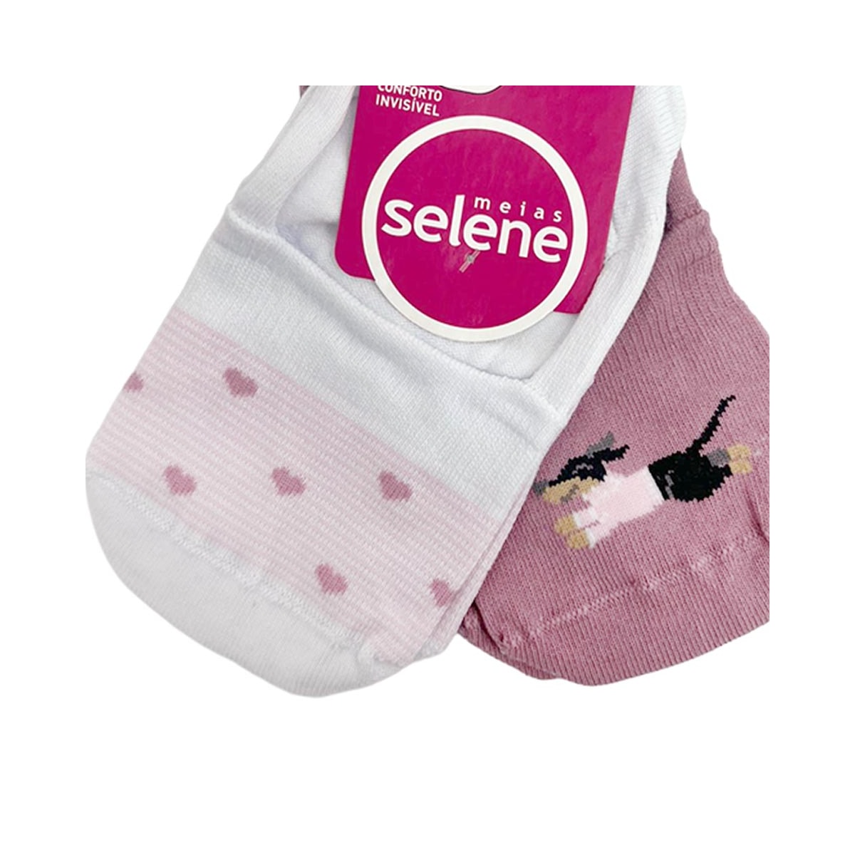 Kit Selene 2 Meias Sapatilha 7380 Branco/Coração/RosaEscuro