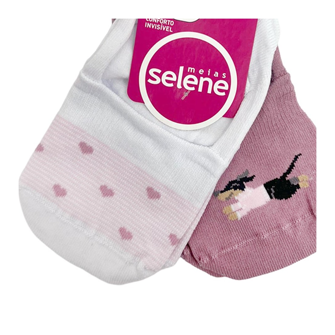 Kit Selene 2 Meias Sapatilha 7380 Branco/Coração/RosaEscuro Kit Selene 2 Meias Sapatilha 7380 Branco/Coração/RosaEscuro