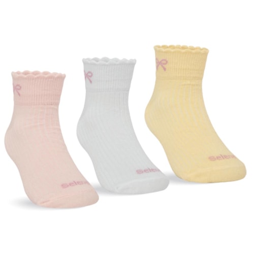 Kit Selene 3 Meias Cano Curto Menina 2365 Rosa/Branco/Amarelo