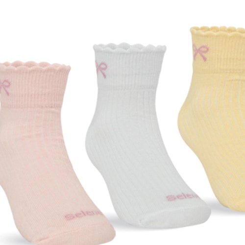Detalhe - Kit Selene 3 Meias Cano Curto Menina 2365 Rosa/Branco/Amarelo