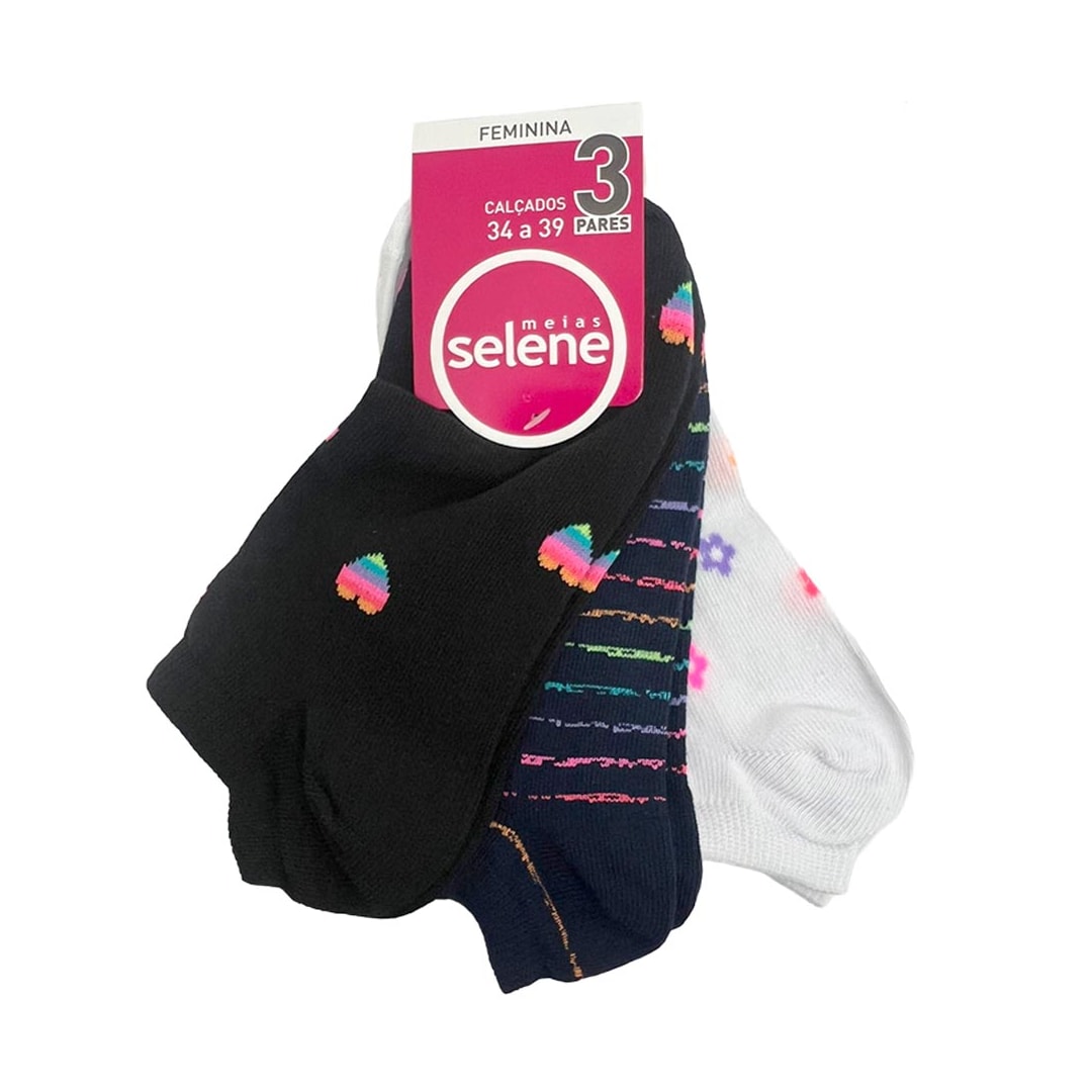 Kit Selene 3 Meias Sapatilha 7360 Branco/Azul/Preto Kit Selene 3 Meias Sapatilha 7360 Branco/Azul/Preto
