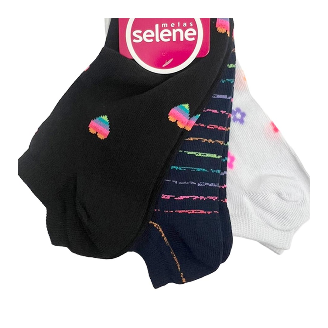 Kit Selene 3 Meias Sapatilha 7360 Branco/Azul/Preto Kit Selene 3 Meias Sapatilha 7360 Branco/Azul/Preto