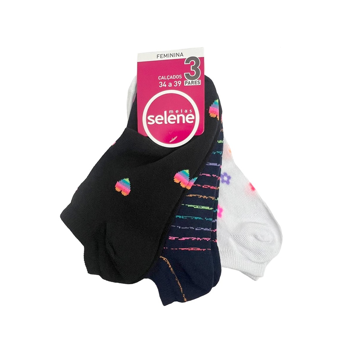 Kit Selene 3 Meias Sapatilha 7360 Branco/Azul/Preto Kit Selene 3 Meias Sapatilha 7360 Branco/Azul/Preto