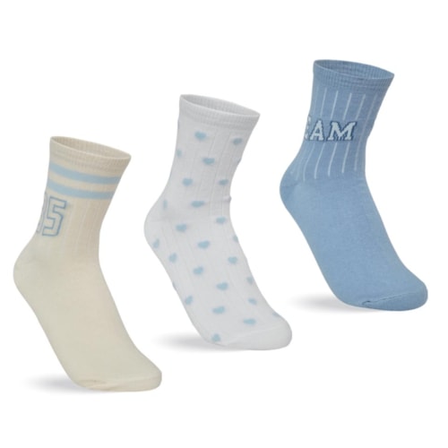 Kit Selene 3 Meias Soquete 7451 Amarelo/Branco/Azul