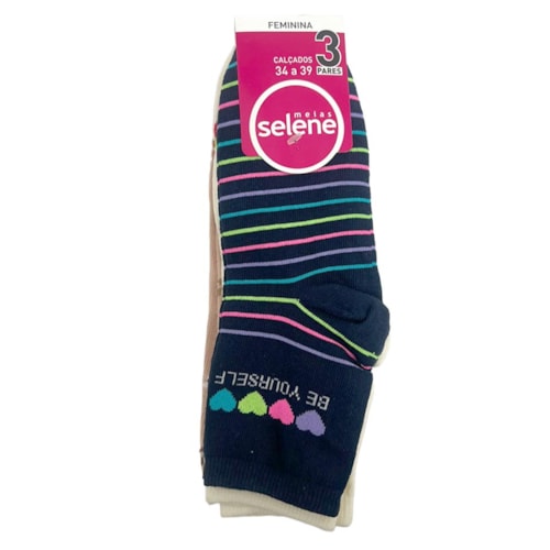Detalhe - Kit Selene 3 Meias Soquete 7451 Azul/Amarelo/Bege