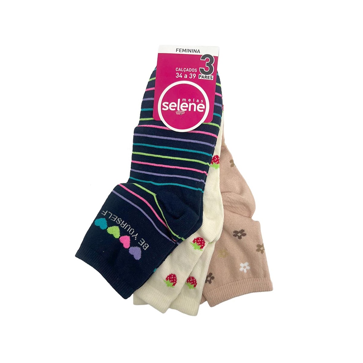 Kit Selene 3 Meias Soquete 7451 Azul/Amarelo/Bege Kit Selene 3 Meias Soquete 7451 Azul/Amarelo/Bege