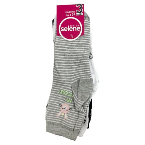 Detalhe - Kit Selene 3 Meias Soquete 7451 Preto/Branco/Mescla