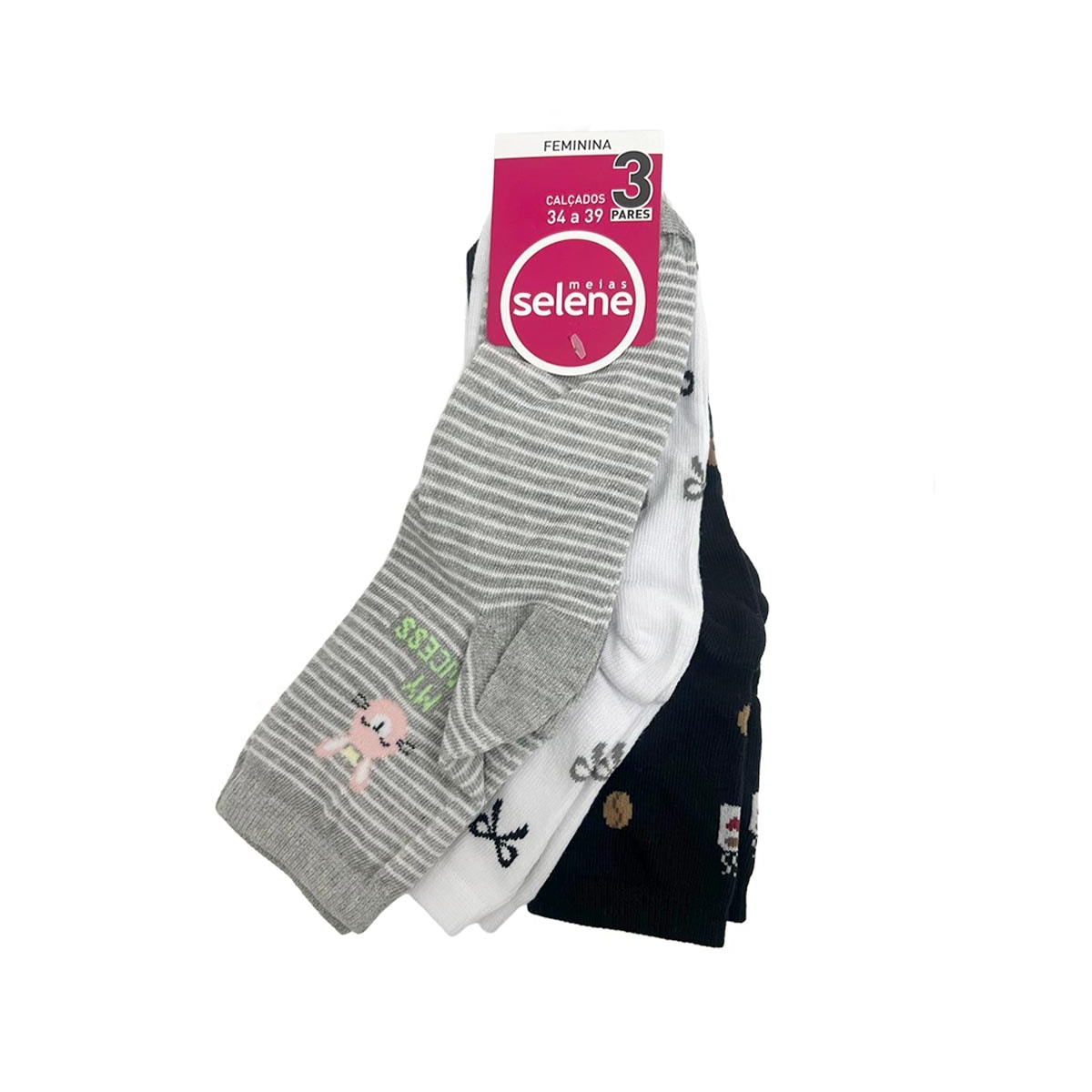 Kit Selene 3 Meias Soquete 7451 Preto/Branco/Mescla Kit Selene 3 Meias Soquete 7451 Preto/Branco/Mescla