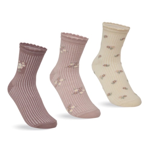 Kit Selene 3 Meias Soquete Feminina 7740 Palha/Rose/Cacau