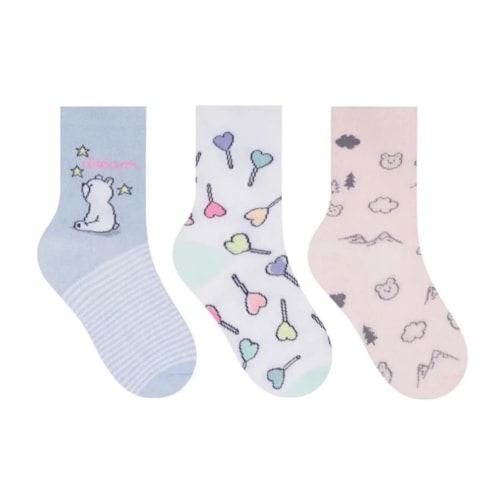 Kit Selene 3 Pares Meia Menina Cano Alto 2451 Azul/Branco/Salmao