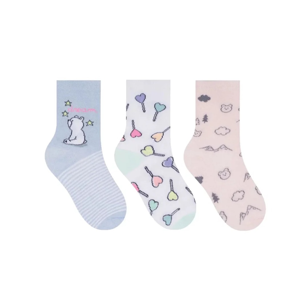 Kit Selene 3 Pares Meia Menina Cano Alto 2451 Azul/Branco/Salmao Kit Selene 3 Pares Meia Menina Cano Alto 2451 Azul/Branco/Salmao
