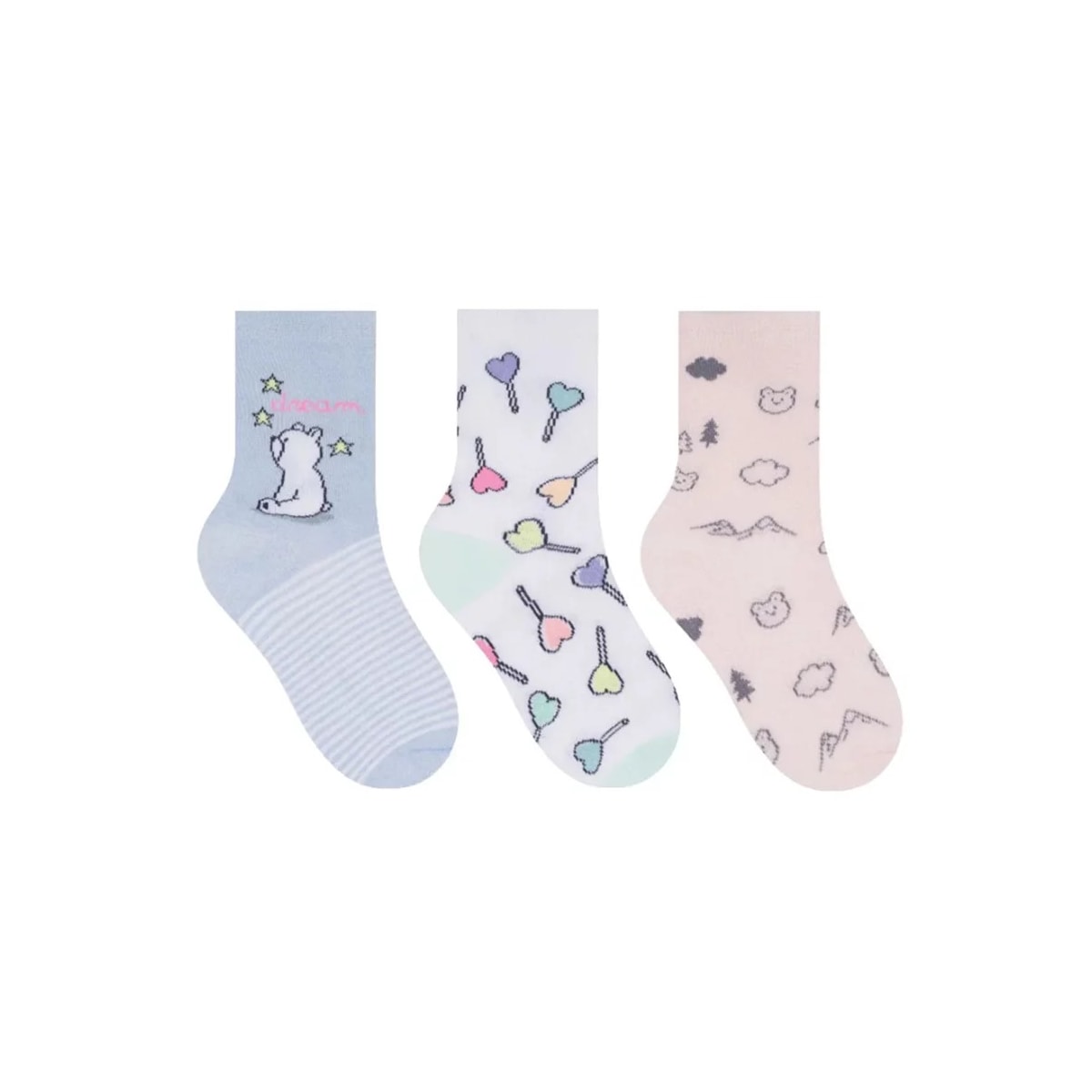 Kit Selene 3 Pares Meia Menina Cano Alto 2451 Azul/Branco/Salmao Kit Selene 3 Pares Meia Menina Cano Alto 2451 Azul/Branco/Salmao