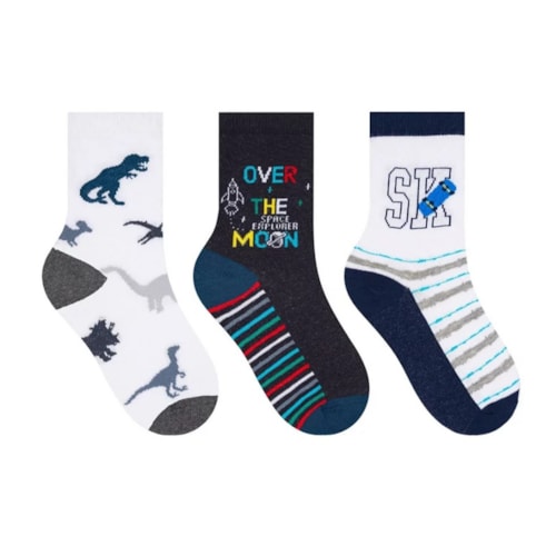 Kit Selene 3 Pares Meia Menina Cano Alto 2451 Branco/Marinho/Branc