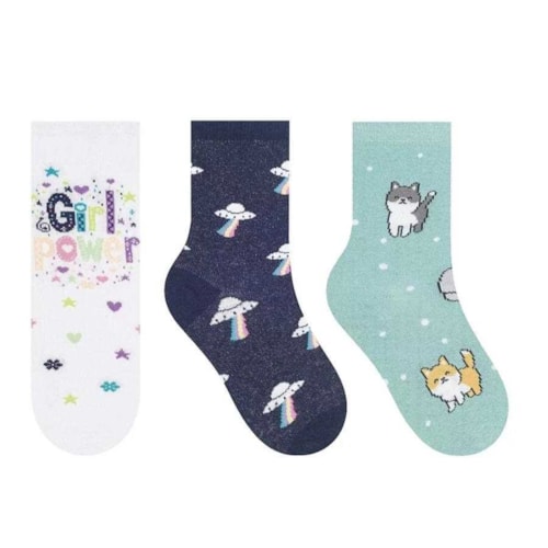 Kit Selene 3 Pares Meia Menina Cano Alto 2451 Branco/Marinho/Verde