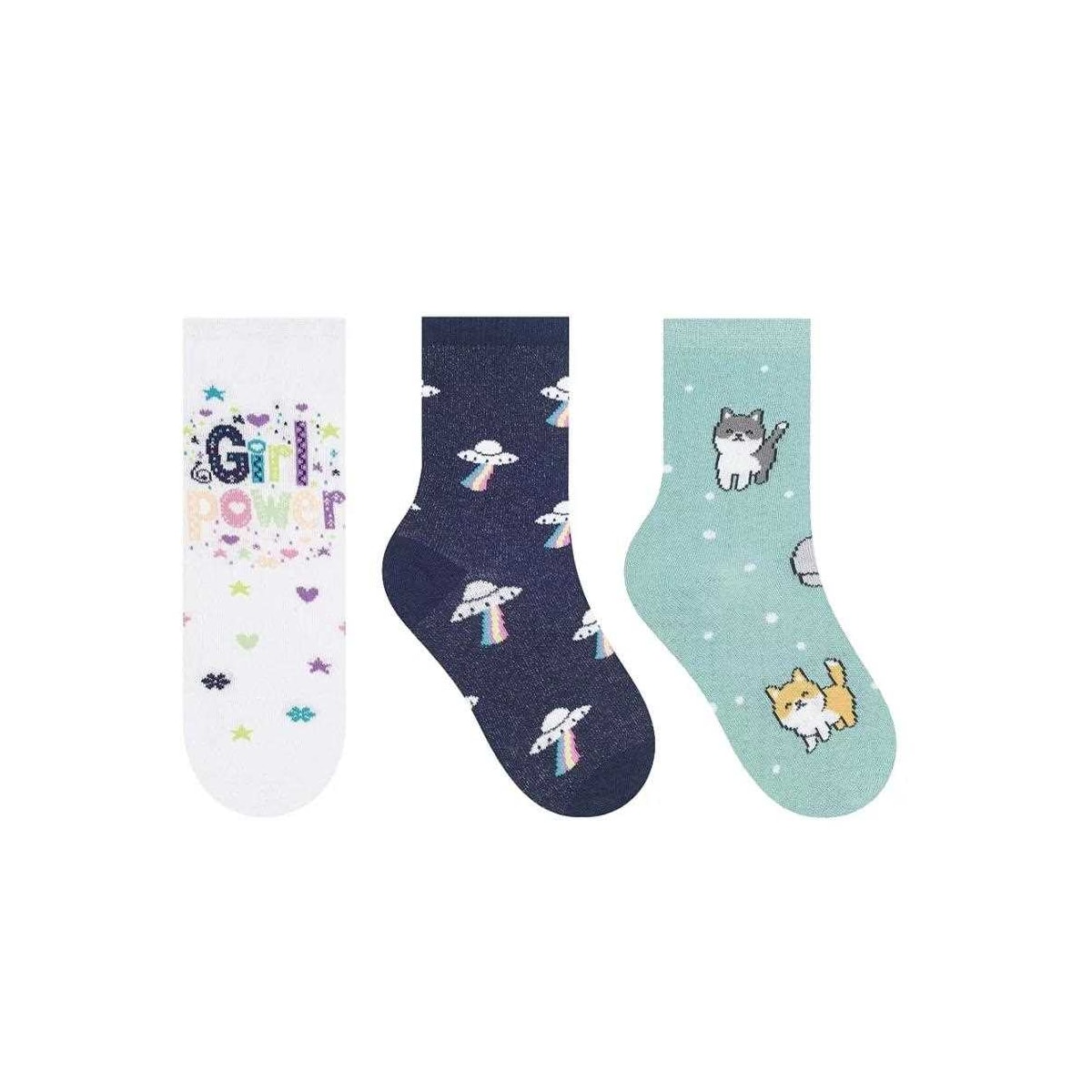 Kit Selene 3 Pares Meia Menina Cano Alto 2451 Branco/Marinho/Verde Kit Selene 3 Pares Meia Menina Cano Alto 2451 Branco/Marinho/Verde