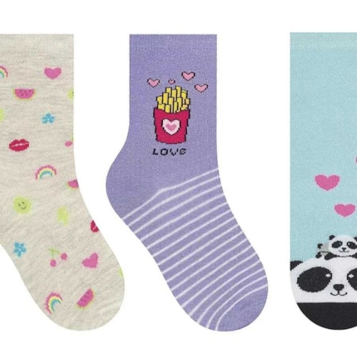 Detalhe - Kit Selene 3 Pares Meia Menina Cano Alto 2451 Mescla/Lilas/Azul