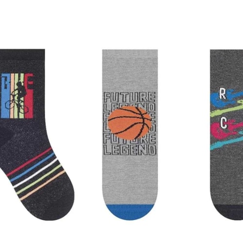 Detalhe - Kit Selene 3 Pares Meia Menina Cano Alto 2451 Preto/Mescla/Chumbo