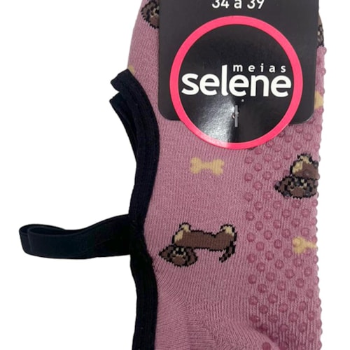 Detalhe - Meia Selene Feminina Pilates 68% Algodao 7850 Rosa Escuro/Dog